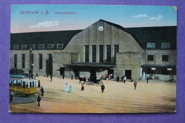 Ansichtskarte AK Karlsruhe 1929 Hauptbahnhof Strassenbahn